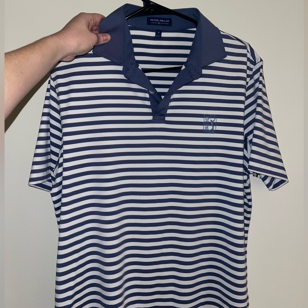 Navy and white striped Peter Millar PGA Tour polo - size medium